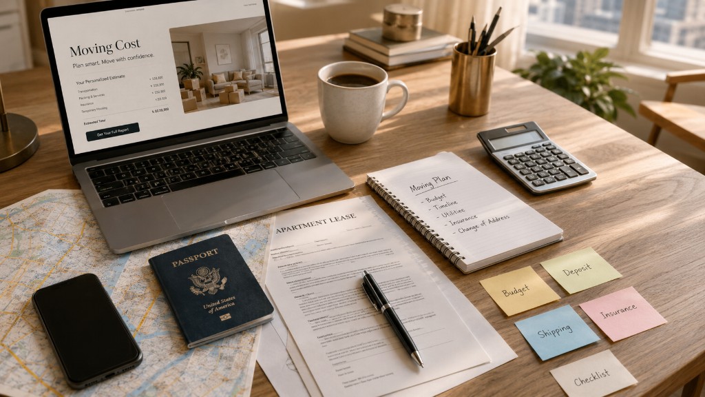 A relocation planning desk with a laptop showing a moving cost estimate, passport, lease, calculator, map, and budget notes.