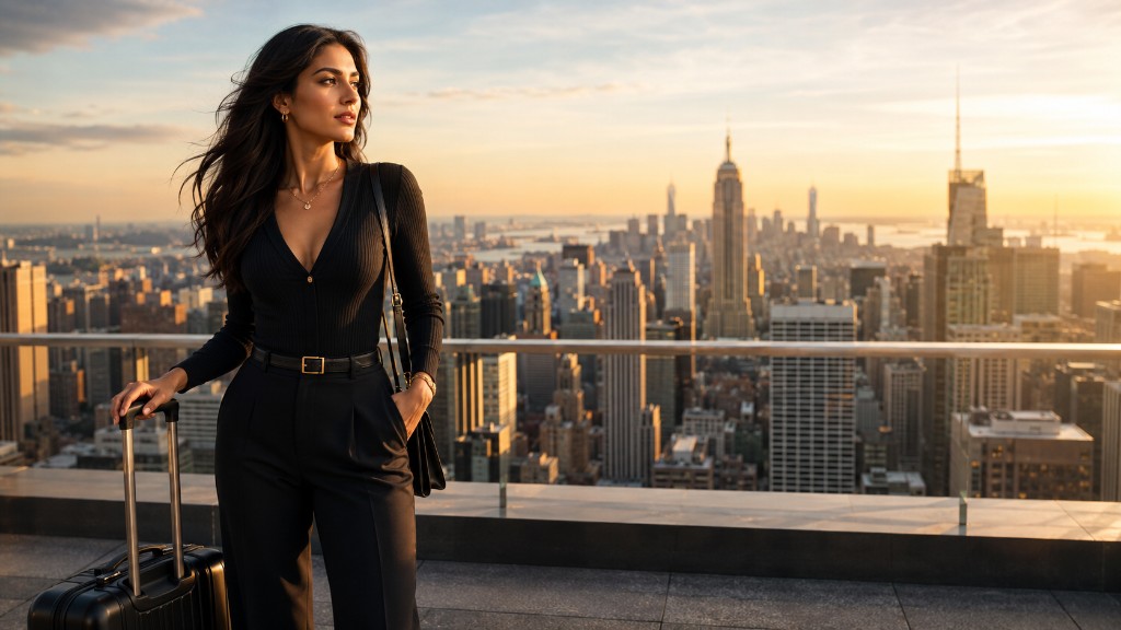 A stylish traveler with luggage overlooking a major city skyline at sunset before relocating.