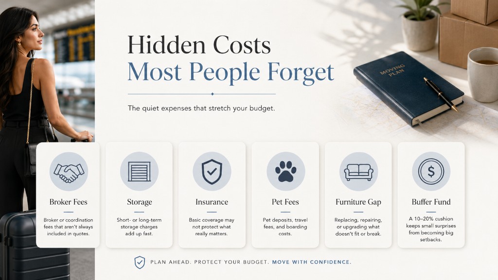 Infographic showing hidden moving costs people often forget, including broker fees, storage, insurance, pet fees, furniture gaps, and buffer funds.