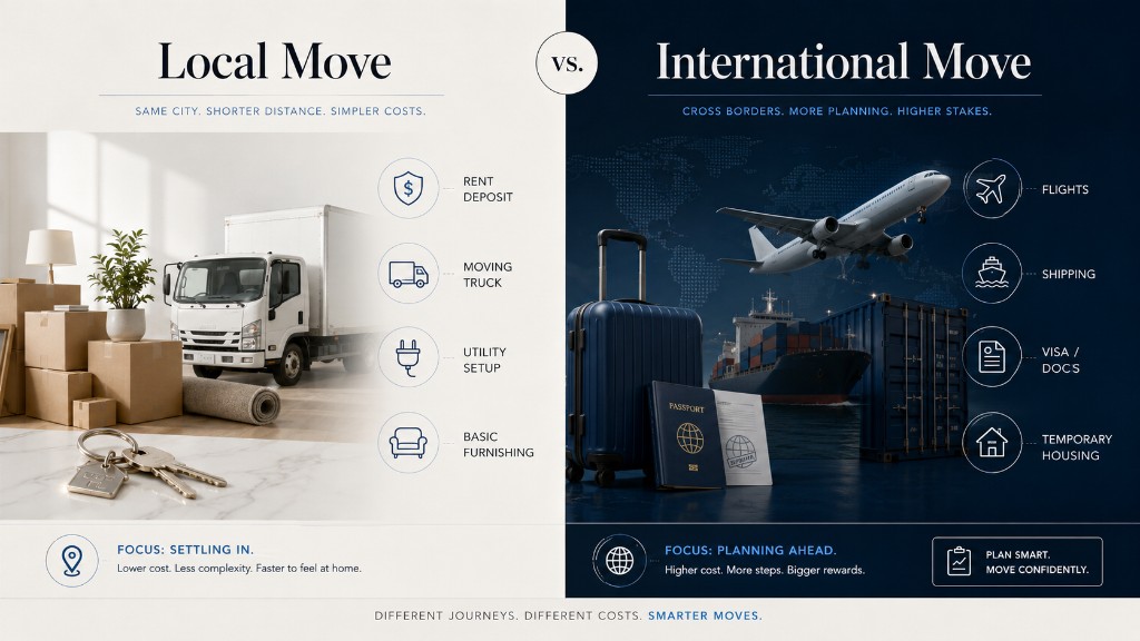 Side-by-side infographic comparing local moving costs and international moving costs, including rent deposit, moving truck, shipping, flights, visas, documents, and temporary housing.