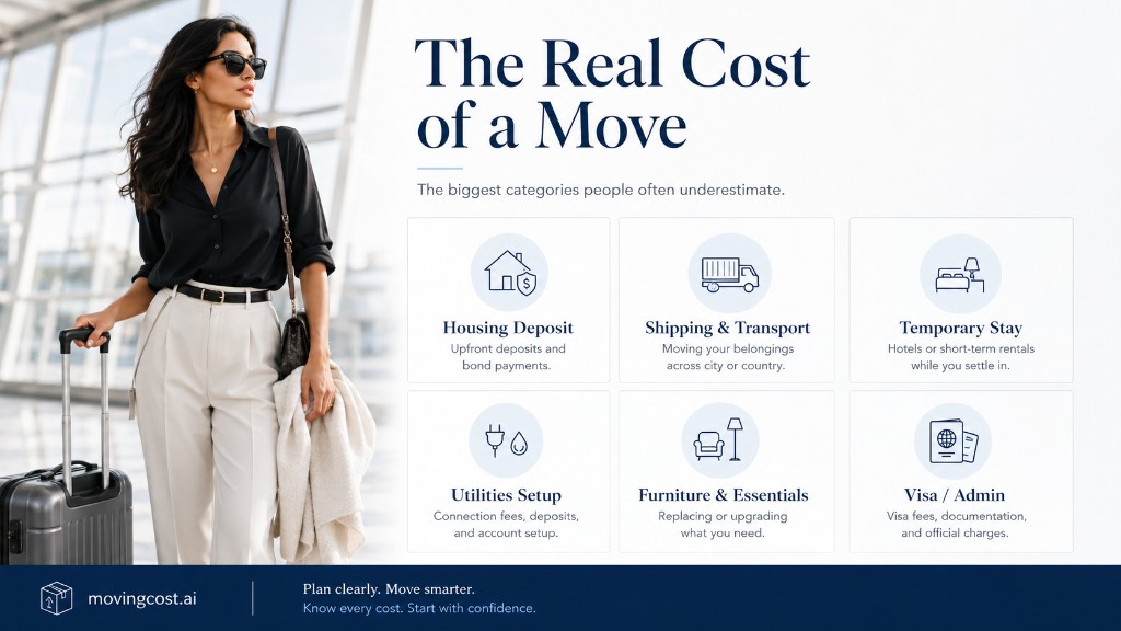 Infographic showing the main underestimated categories in the real cost of a move, including housing deposits, shipping, temporary stay, utilities, furniture, and visa or admin costs.