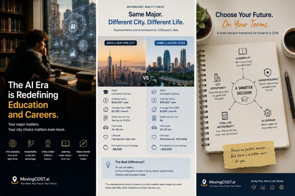 MovingCOST decision framework comparing academic fit, AI leverage, career resilience, city opportunity and affordability