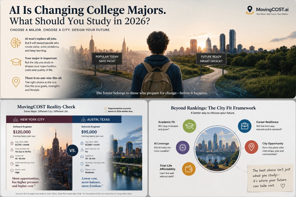A student considering college majors, AI, career opportunities and future city choices in 2026