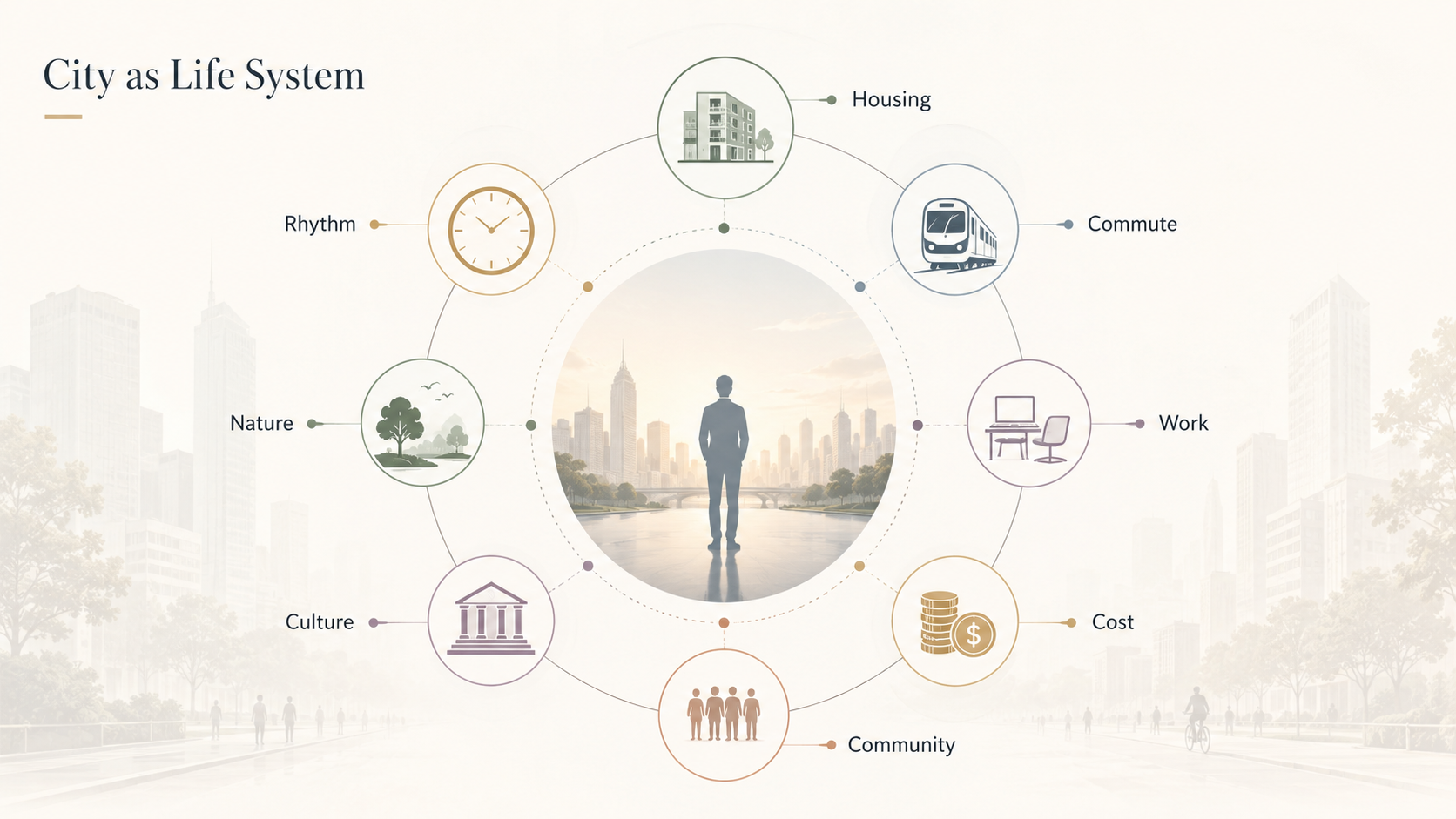 City as Life System diagram showing how housing, commute, work, cost, community, culture, nature, and rhythm shape daily life.