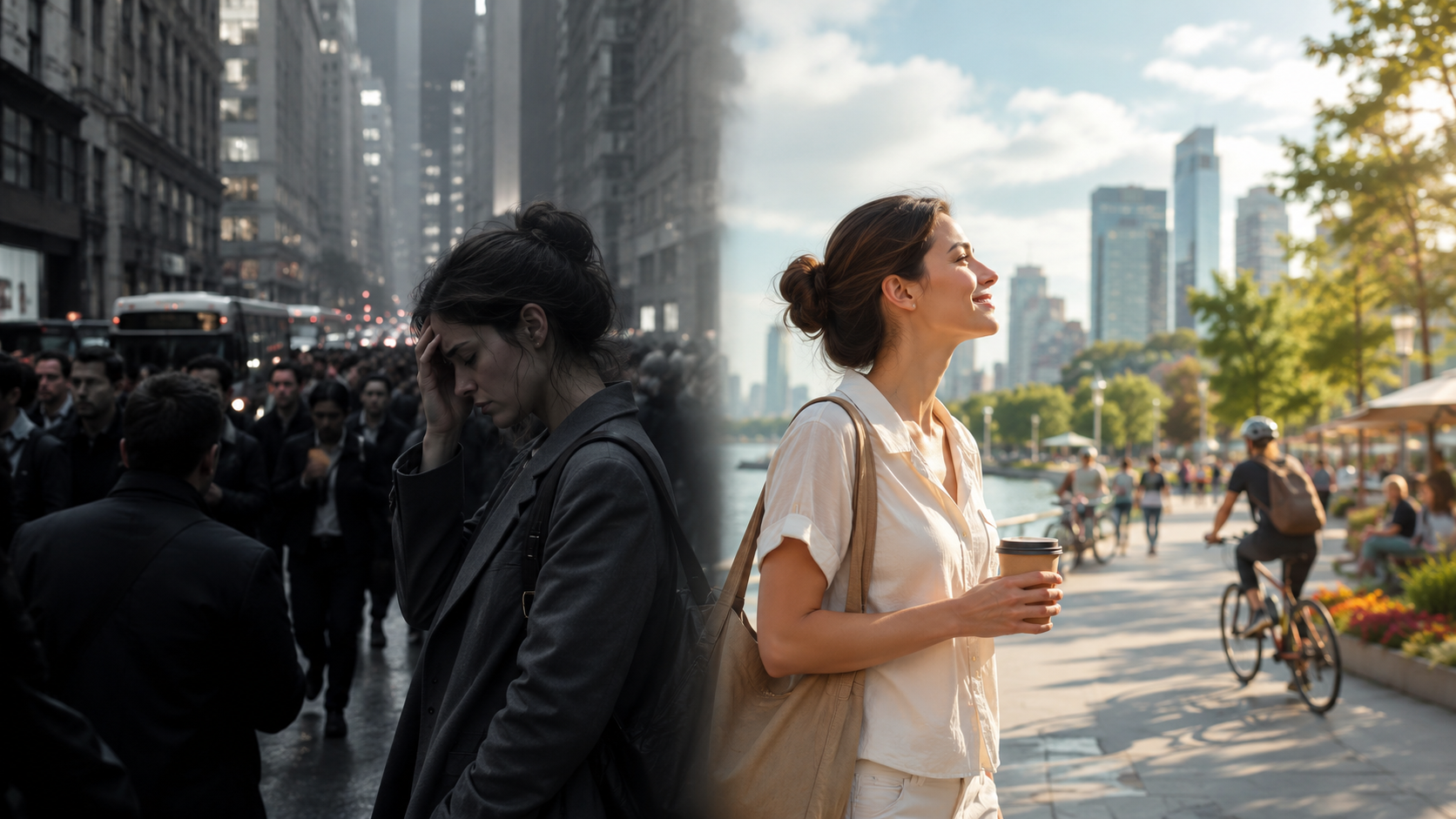 A woman standing in a new city at golden hour, feeling renewed by a more fitting environment.