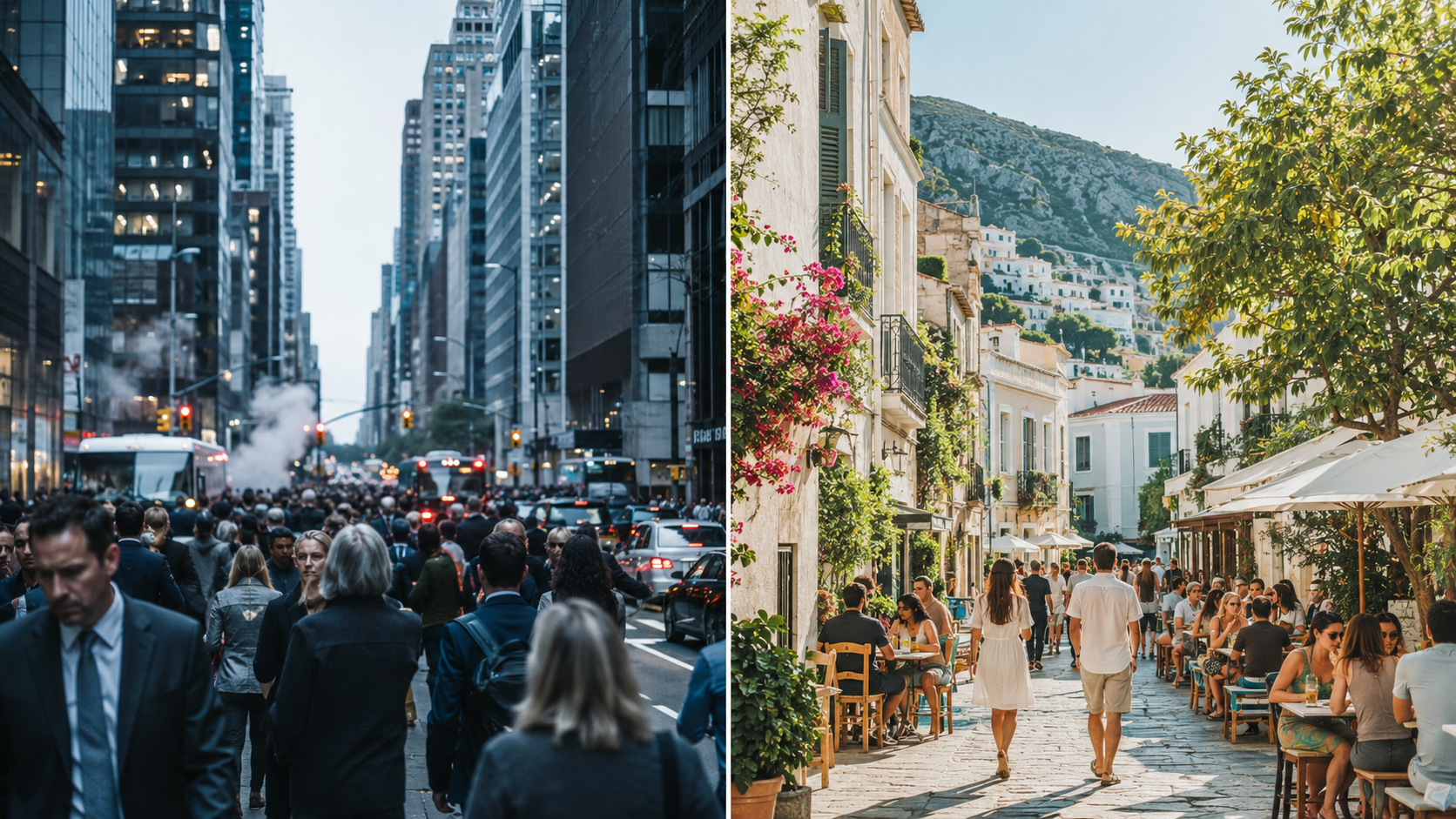 A visual contrast between a dense, fast-moving city and a calm, sun-filled small town.