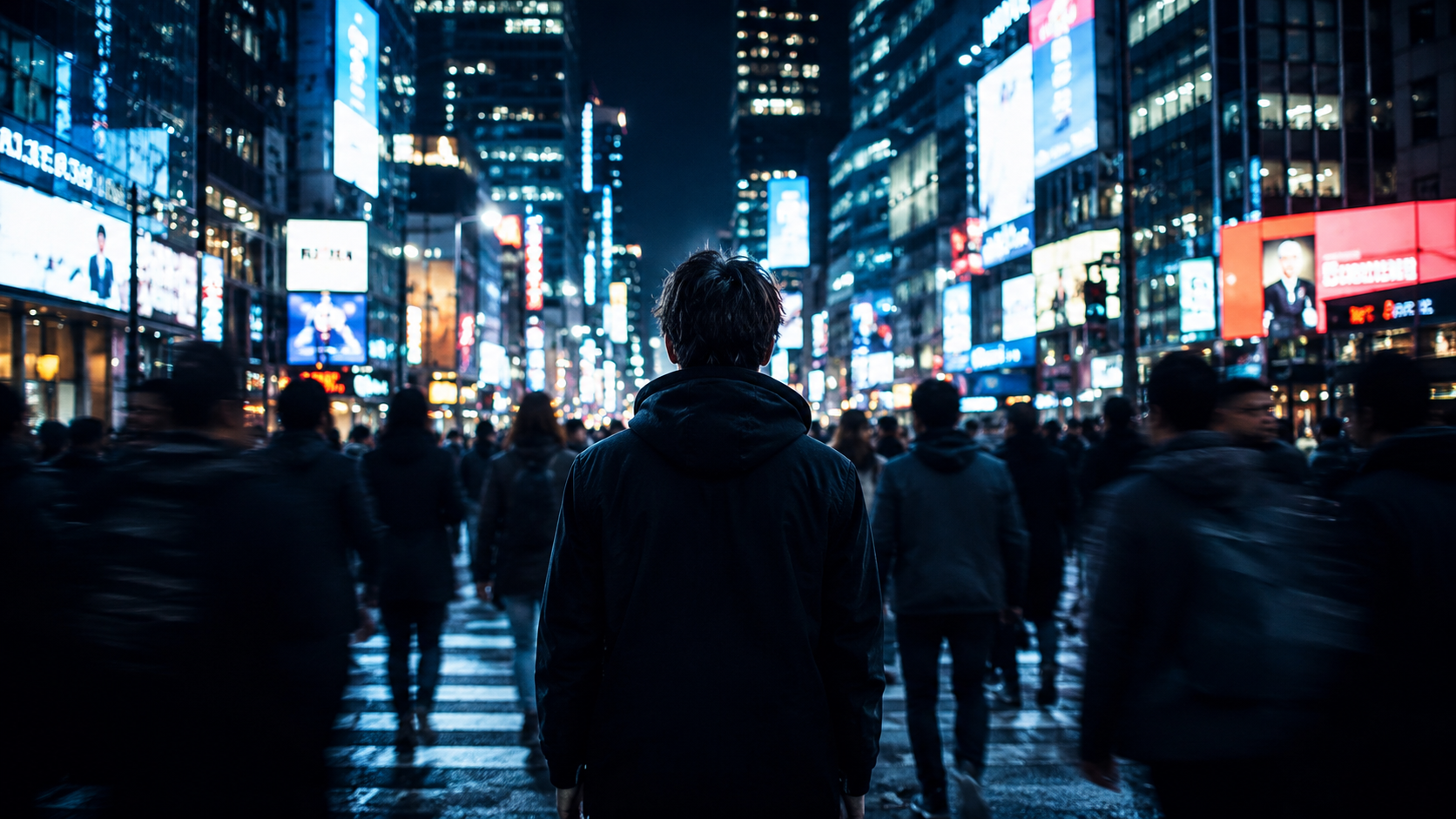 A lonely figure standing at a city intersection at night, surrounded by the glow of streetlights.