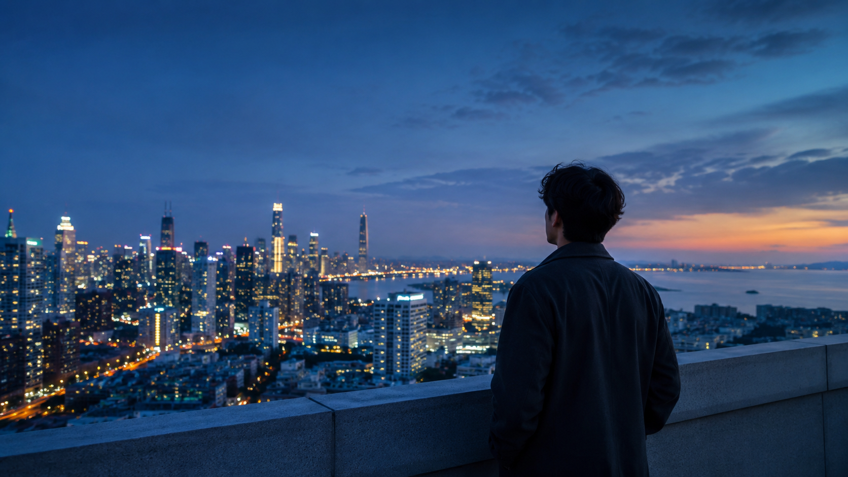A quiet city scene at dusk, lights beginning to glow as the day softens into evening.