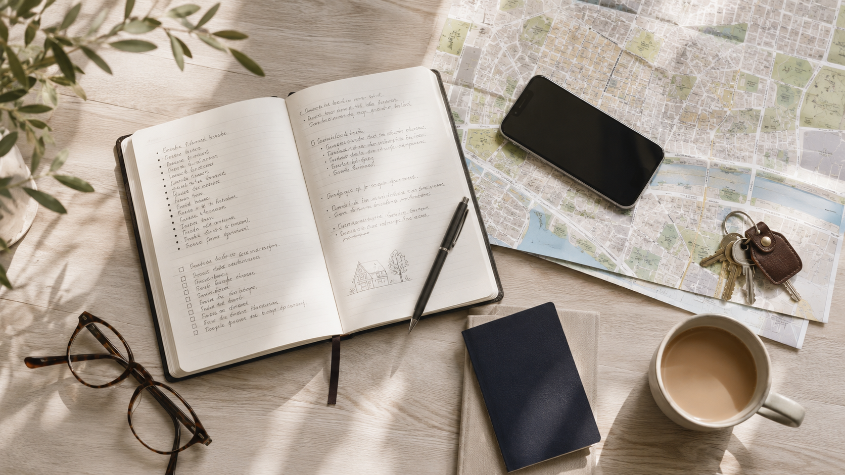 A calm desk scene with maps, a notebook, and morning coffee — the beginning of a considered move.