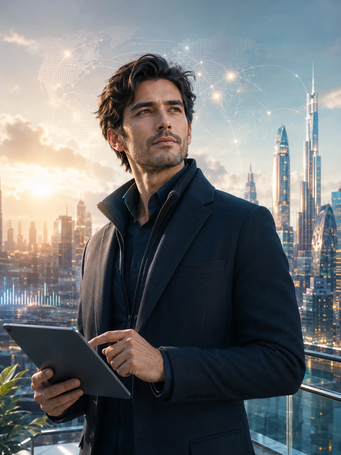 A globally minded man holding a tablet against a futuristic city skyline, representing the Global Optimizer City Soul type.