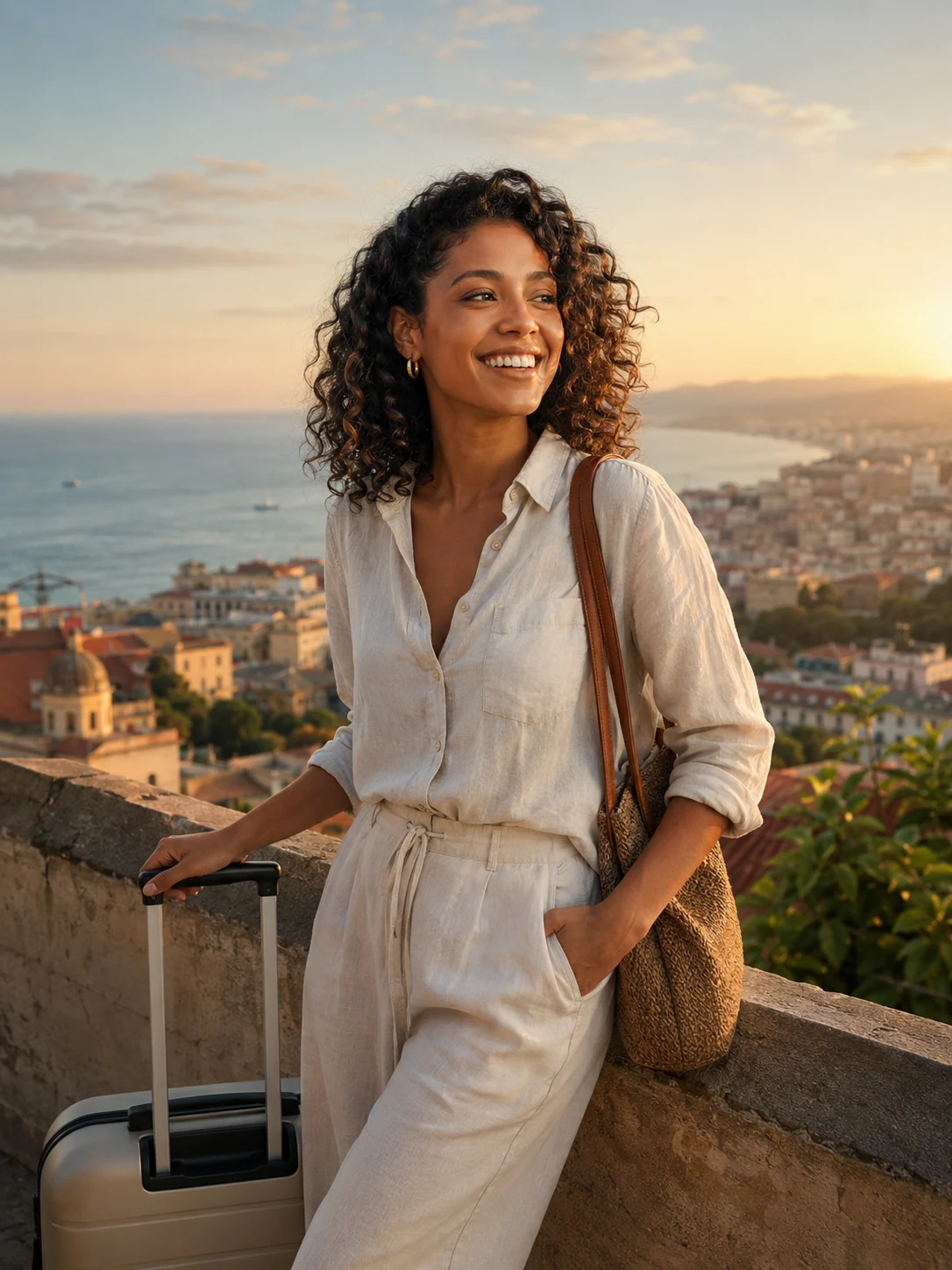 A smiling woman with luggage overlooking a sunlit coastal city, representing the Freedom Nomad City Soul type.