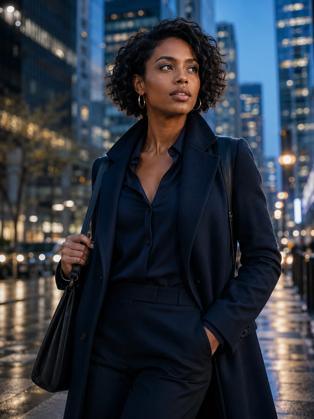 A confident woman walking through a modern city at night, representing the Urban Achiever City Soul type.