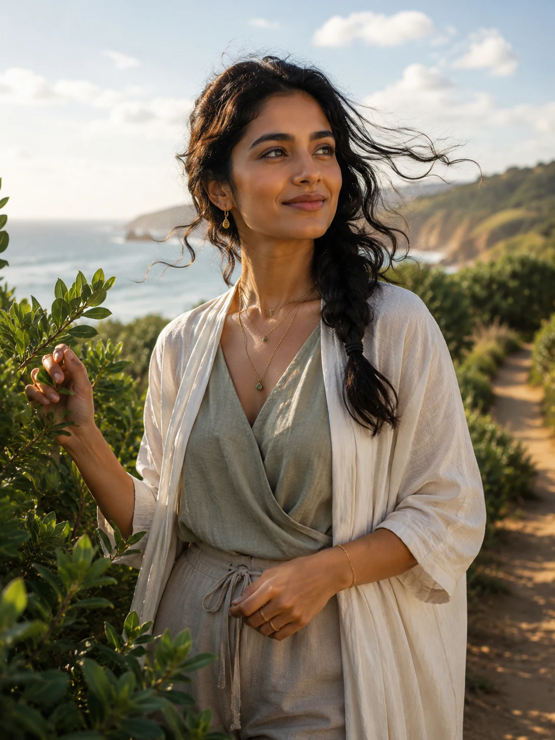 A woman standing on a sunny coastal path with greenery and ocean behind her, representing the Nature Healer City Soul type.