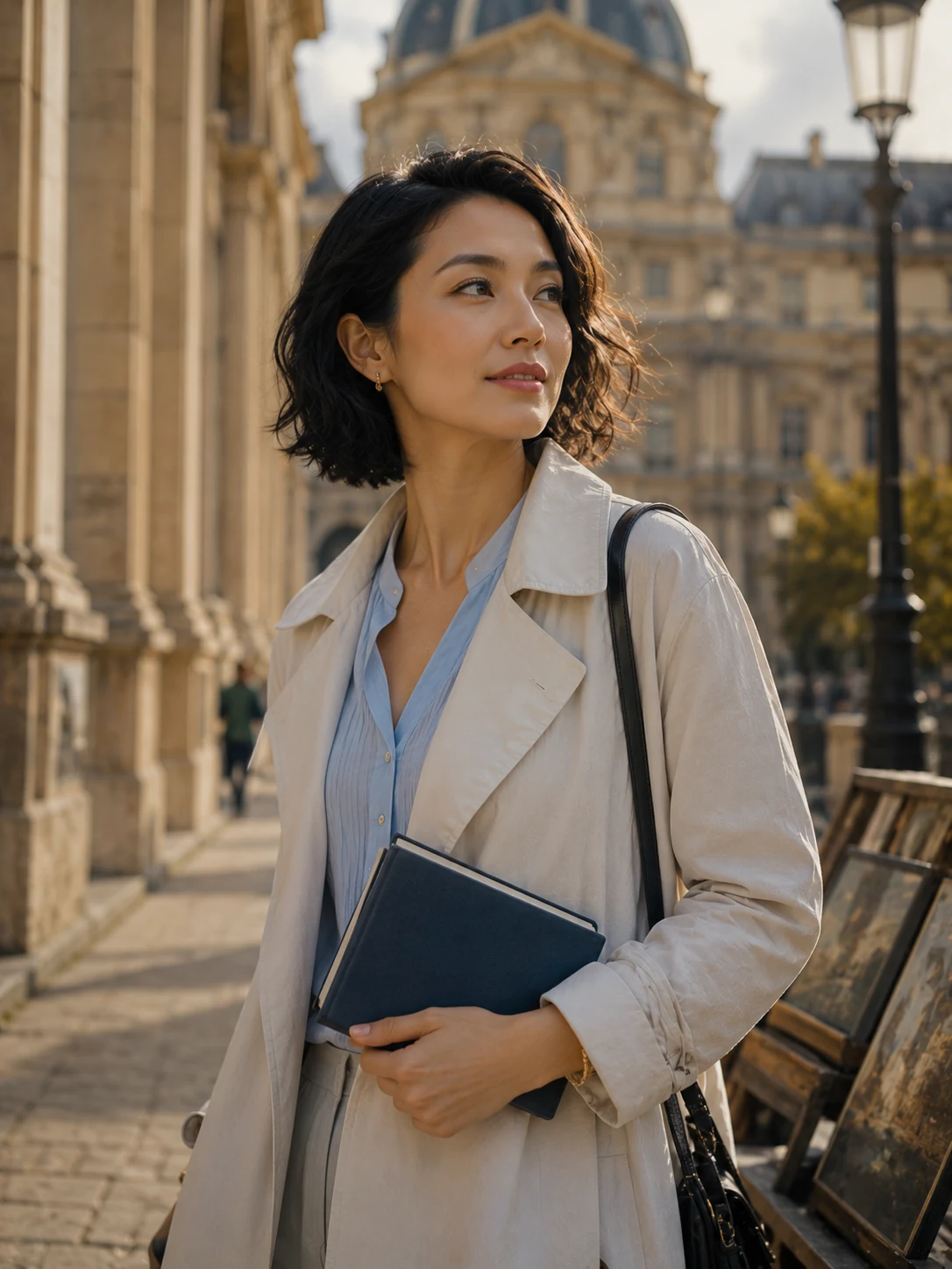 A thoughtful woman holding a book in a historic cultural district, representing the Culture Seeker City Soul type.