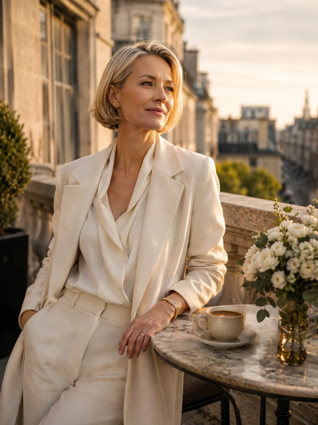 An elegant woman seated on a refined city terrace, representing the Quiet Luxury Soul City Soul type.