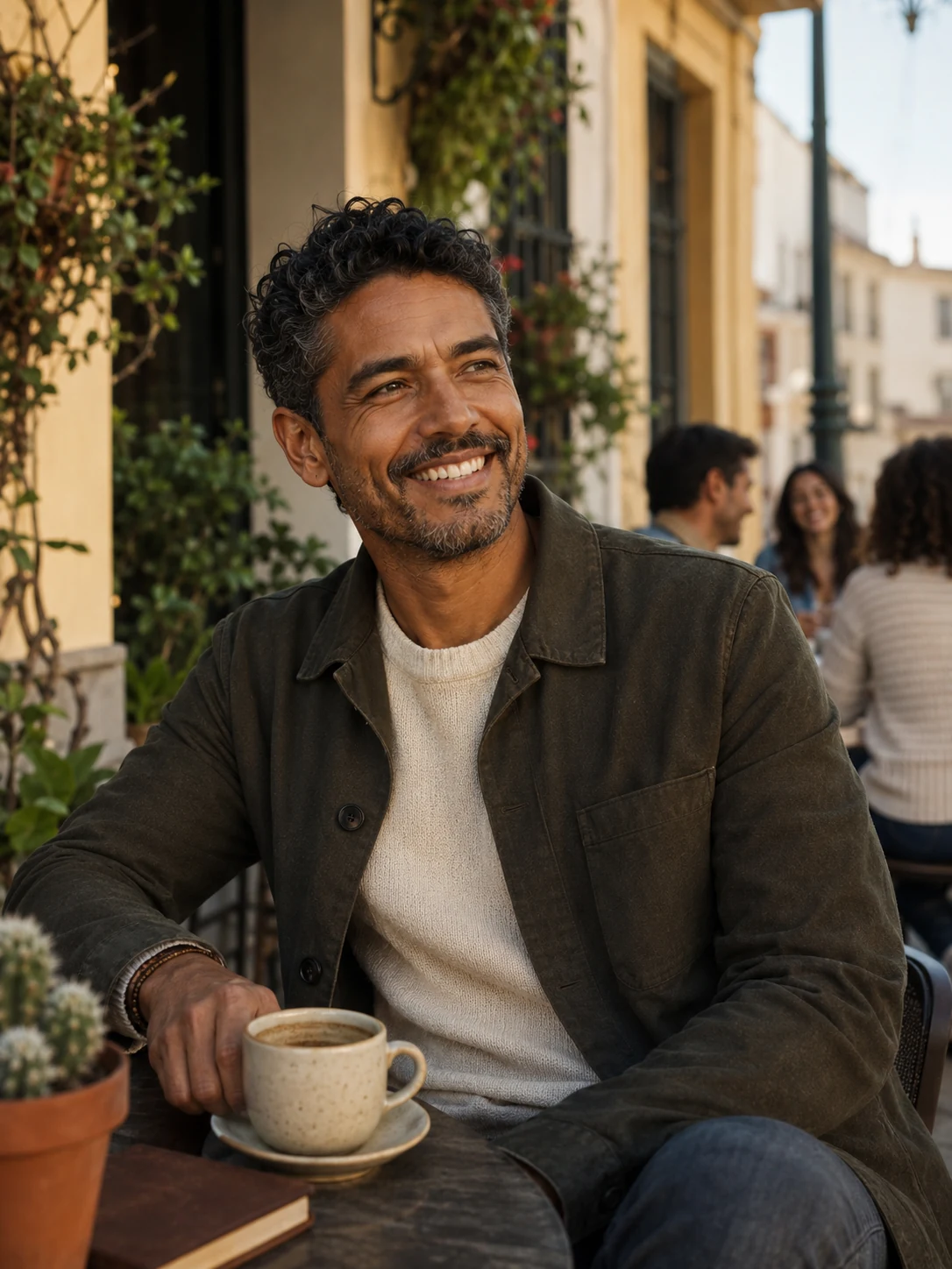 A warm man smiling at an outdoor neighborhood cafe, representing the Community Builder City Soul type.