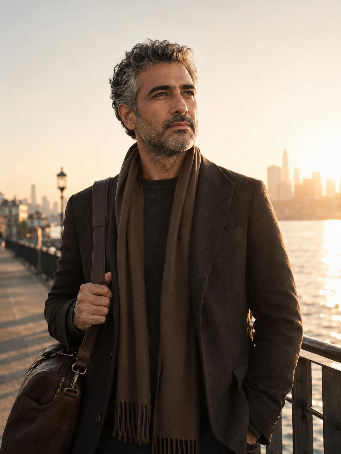 A mature man standing by the waterfront at sunrise, representing the Reinvention Explorer City Soul type.