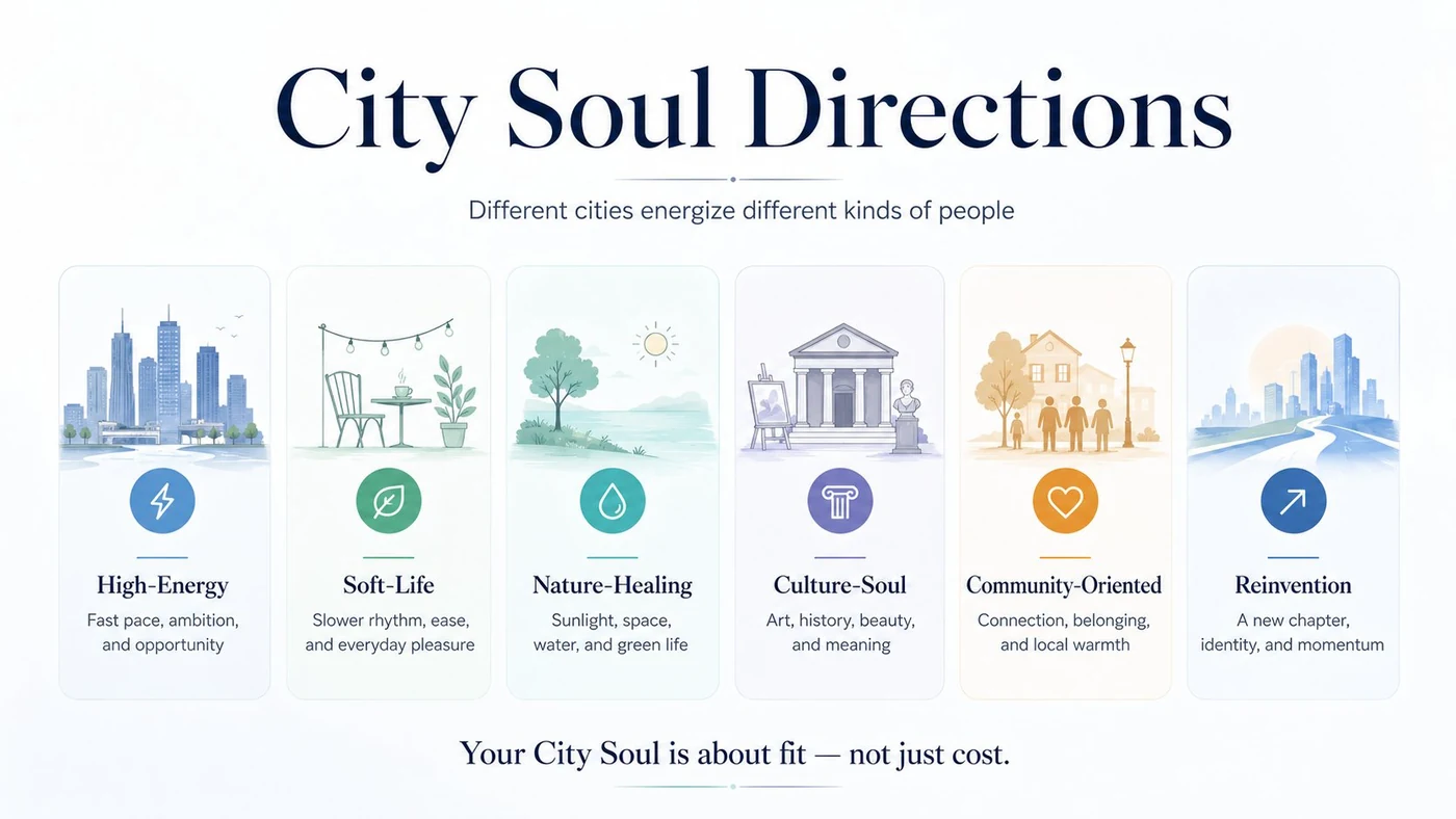 City Fit Framework showing six city soul directions: High-Energy, Soft-Life, Nature-Healing, Culture-Soul, Community-Oriented, and Reinvention — different cities energize different kinds of people.