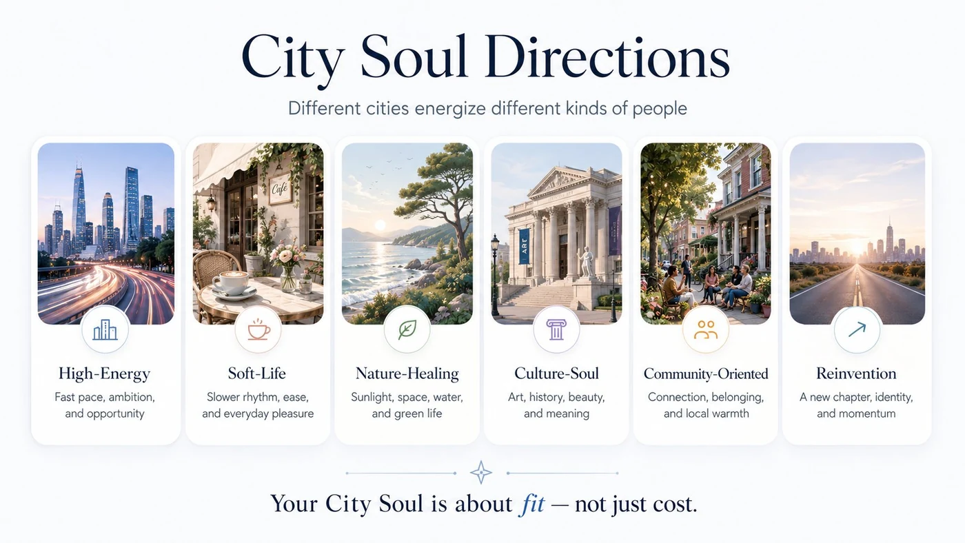 A visual guide to different city soul directions, showing how different people are drawn to different urban lifestyles and environments.