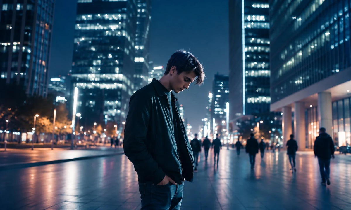 A young person standing alone in a modern city at night, reflecting on whether the city truly feels like home.