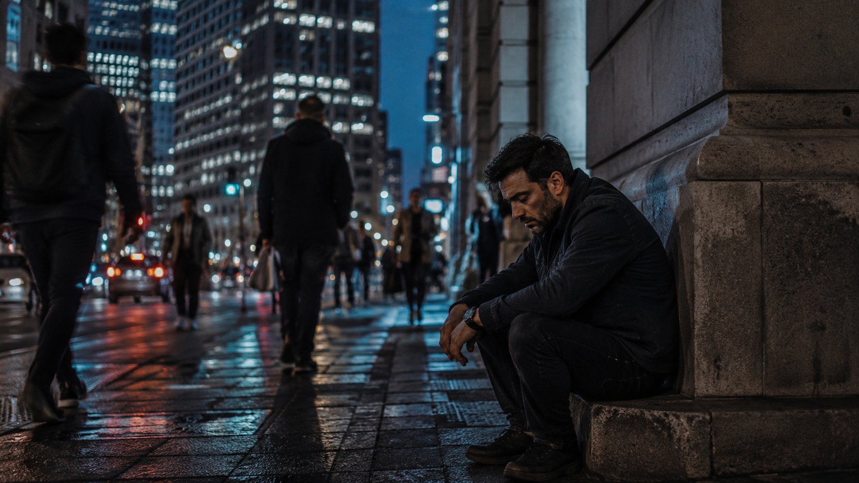Side-by-side comparison of a stressful crowded city and a calm walkable neighborhood, showing the difference between wrong fit and right fit.