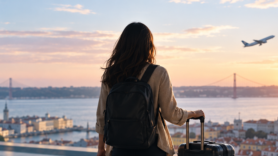Solo international traveler looking toward a new city before starting life abroad