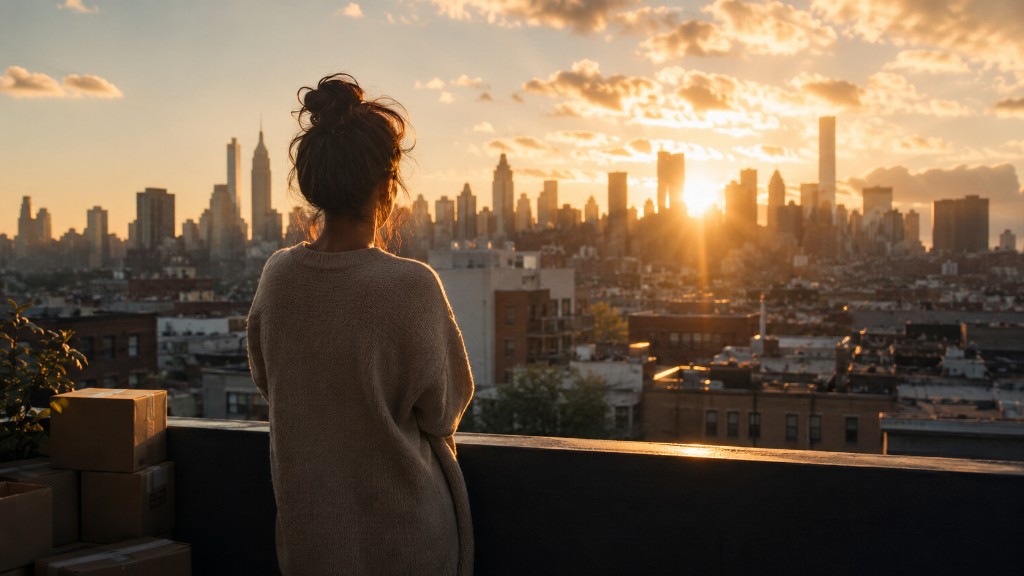 A person looking toward a new city skyline at sunset while considering a relocation decision.