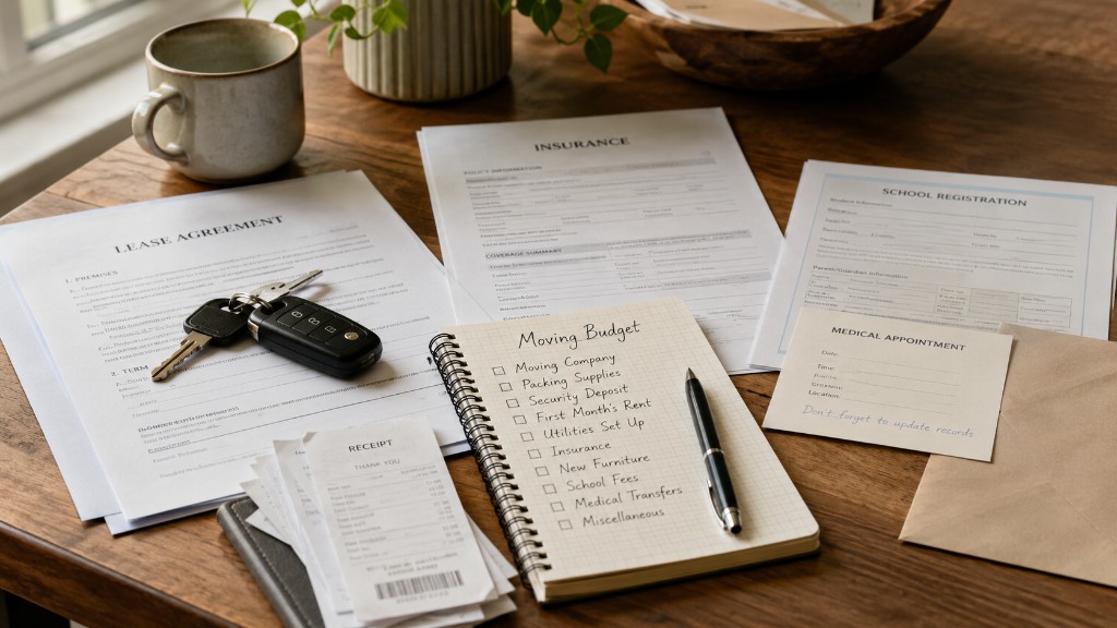 A relocation budget with lease papers, car keys, insurance forms, school documents, medical appointment notes, and receipts.