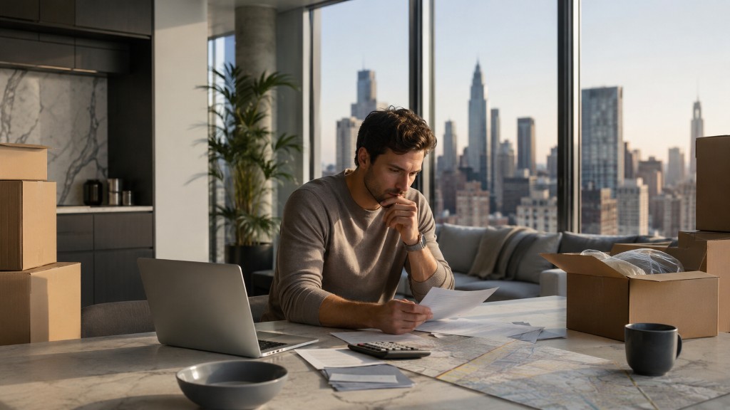 A person reviewing moving costs in a new apartment with boxes, bills, a laptop, and a city skyline.