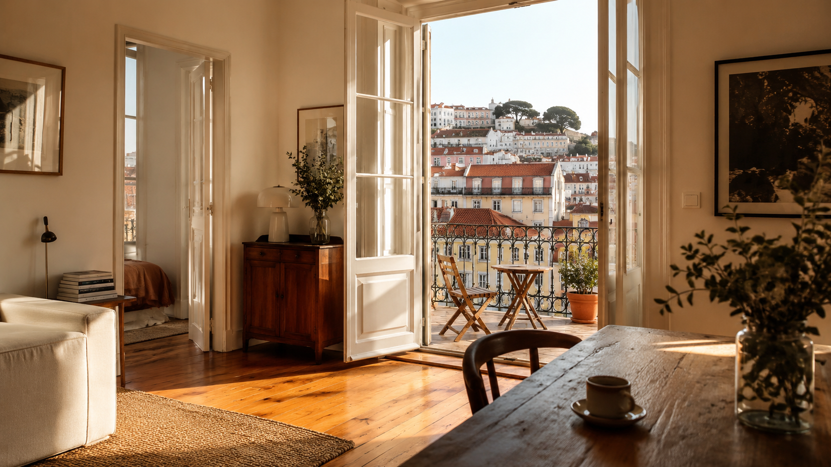 A sunlit Lisbon apartment with original wooden floors and an open balcony overlooking the rooftops.