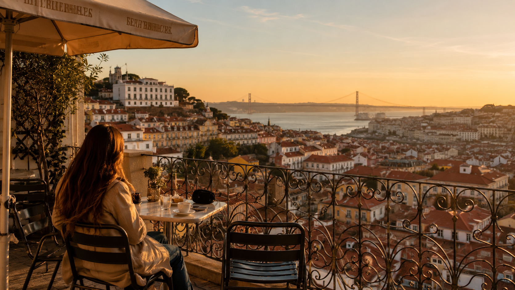 A woman sitting at a Lisbon cafe terrace at sunset, overlooking the city rooftops and the Tagus river.