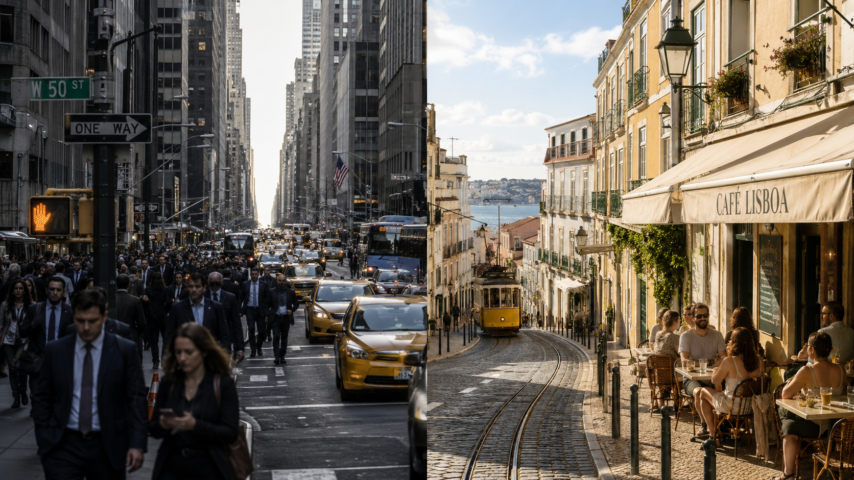 Side by side comparison of a crowded New York City street and a calm sunny Lisbon street with a cafe and tram.