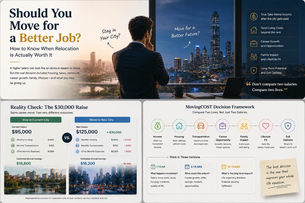 A relocation decision framework comparing income, housing, transportation, career opportunity, family impact, lifestyle fit and exit options