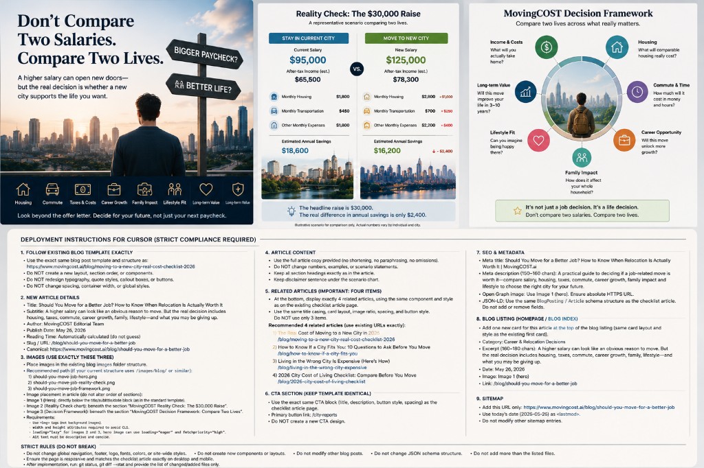 Two possible life paths showing the tradeoff between staying in a familiar city and relocating for a higher-paying job
