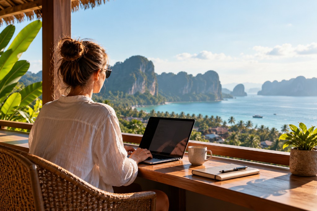 Remote professional working from a tropical Southeast Asian setting overlooking a coastal bay