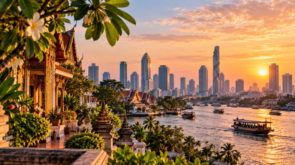 Riverside city skyline at sunset with traditional Thai temple roofs, tropical greenery and boats on the river