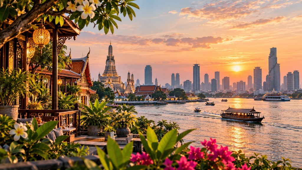 Riverside temple spire and city skyline at sunset, with boats on the river and frangipani and tropical flowers in the foreground