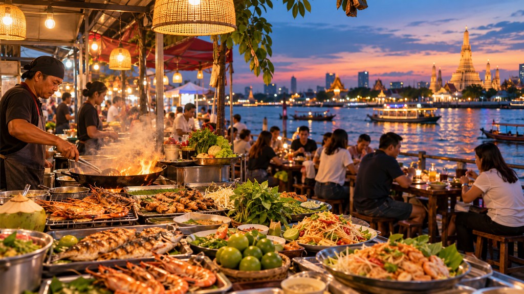 Local Southeast Asian evening dining scene with traditional dishes, fresh herbs and residents sharing an everyday meal