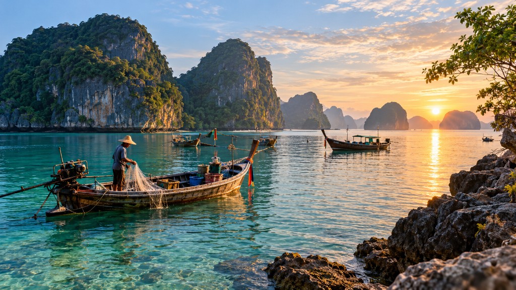 Quiet Southeast Asian coastal landscape with local fishing boats, tropical islands and everyday waterfront life