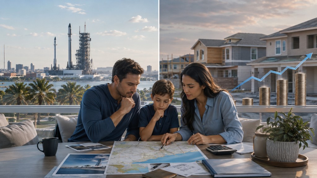 A family reviewing a relocation map and budget while weighing opportunity and rising housing costs near a space-industry region.