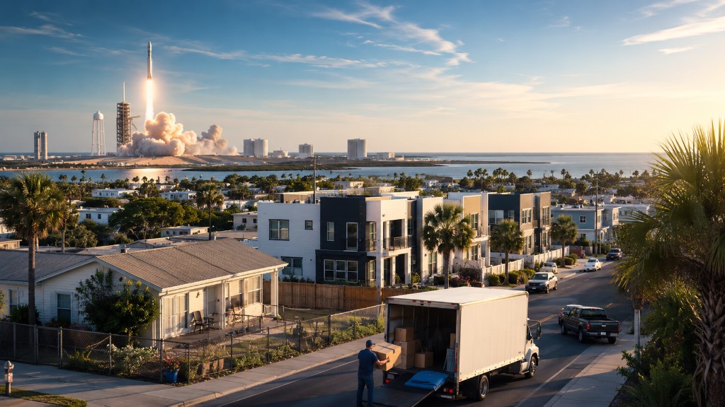Rocket launch near a coastal Brownsville-style neighborhood with a moving truck, representing relocation pressure near a fast-growing space economy.