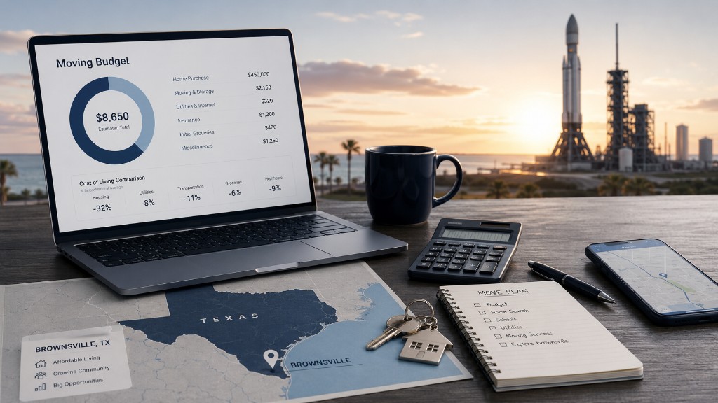 Moving budget dashboard, Texas map, house keys, and Brownsville relocation planning materials near a space economy backdrop.